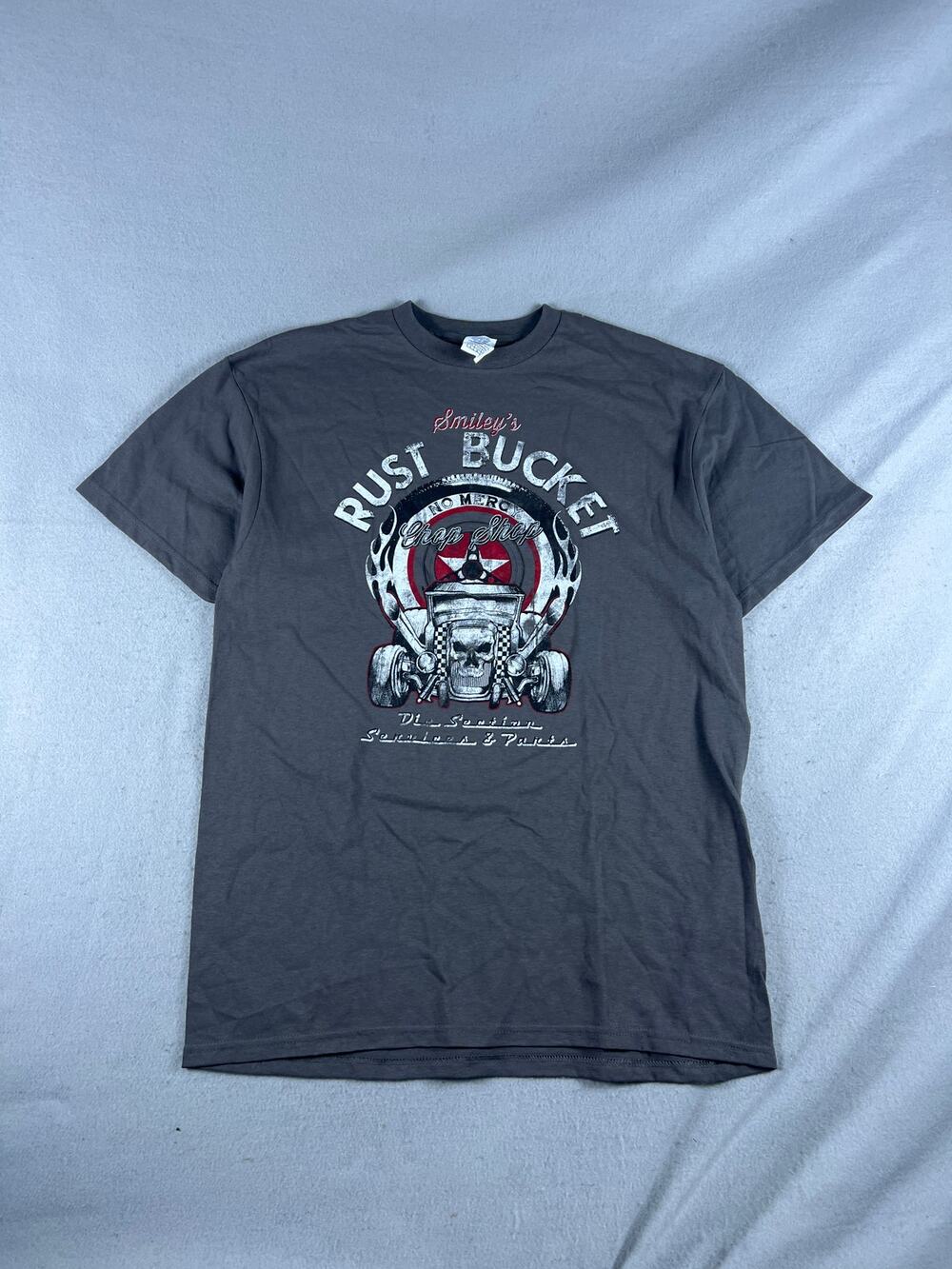 Smiley's Rust Bucket T-Shirt Mens L Charcoal Gray Hot Rod Chop Shop Graphics Tee